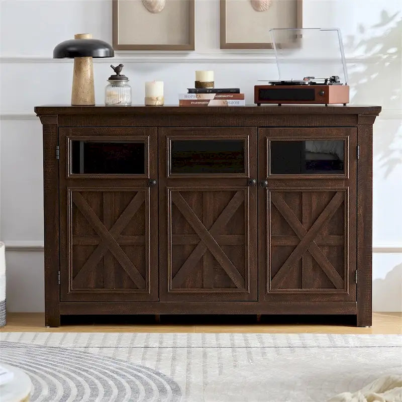 Meuble de rangement 3 portes gris/espresso avec panneaux en verre et poignées en métal