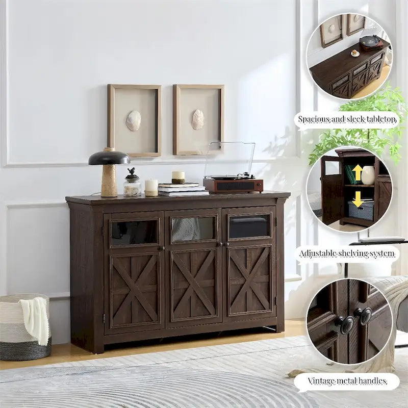 Meuble de rangement 3 portes gris/espresso avec panneaux en verre et poignées en métal