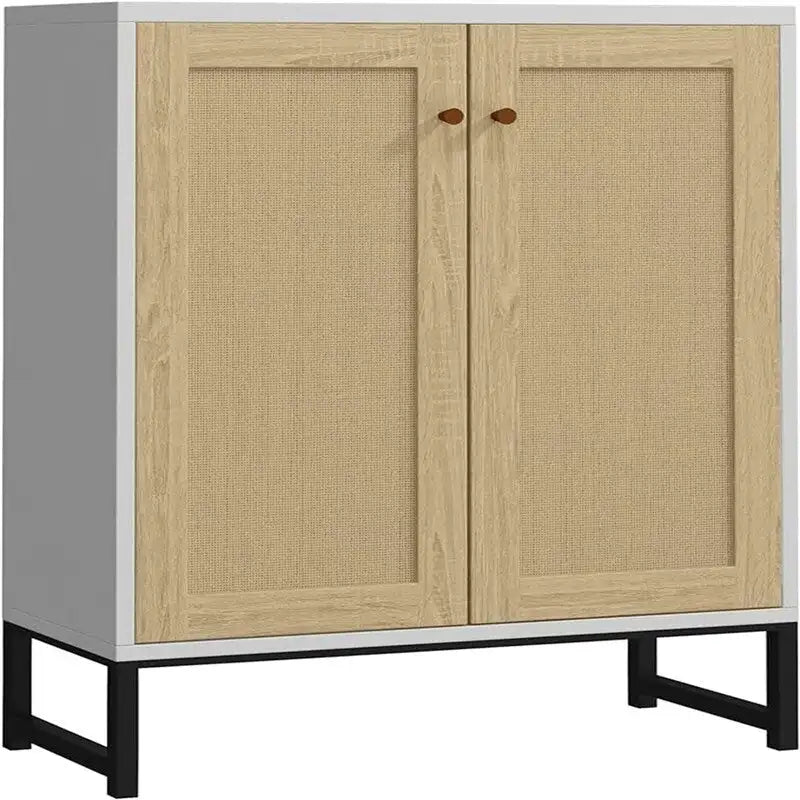 Buffet bahut en rotin 2 portes, blanc/naturel/noir