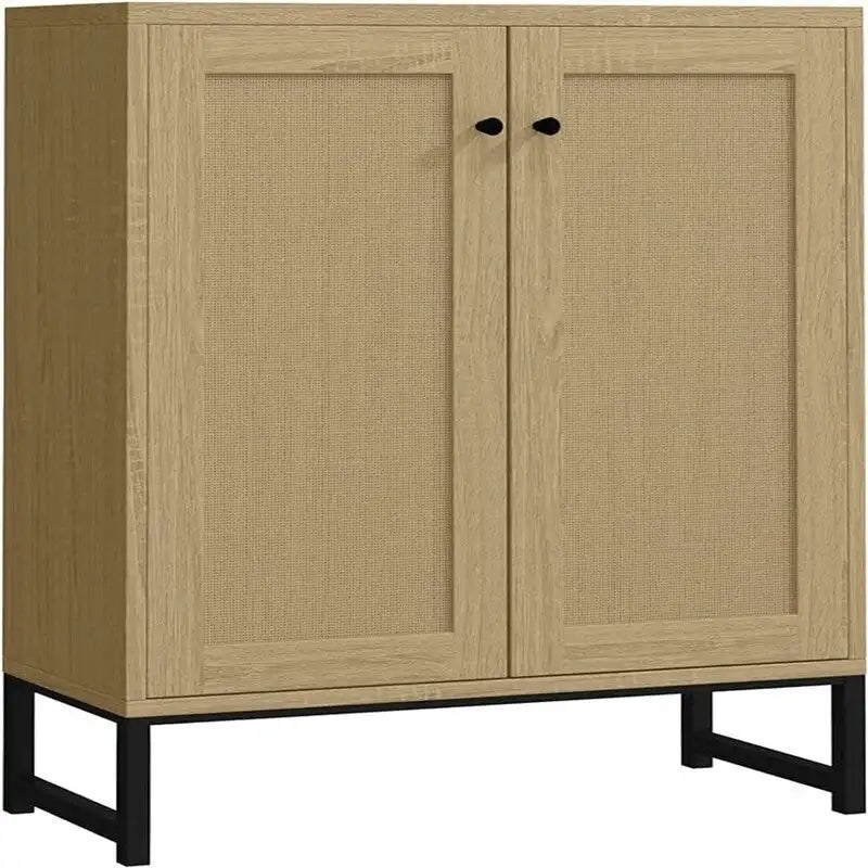 Buffet bahut en rotin 2 portes, blanc/naturel/noir