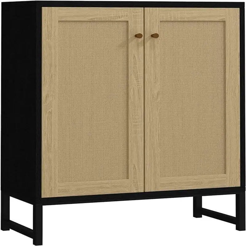 Buffet bahut en rotin 2 portes, blanc/naturel/noir