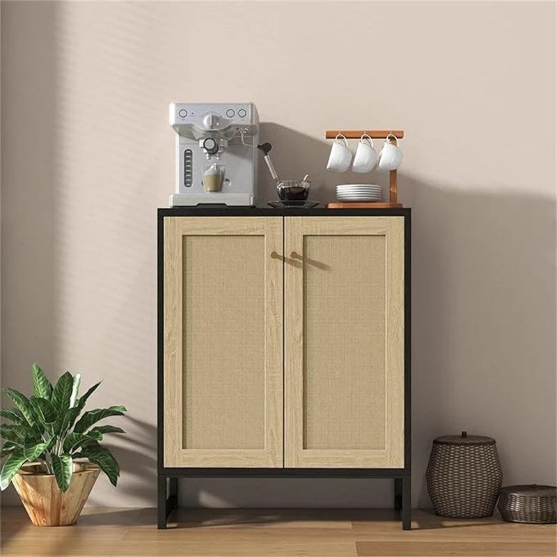 Buffet bahut en rotin 2 portes, blanc/naturel/noir