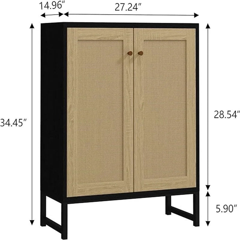 Buffet bahut en rotin 2 portes, blanc/naturel/noir