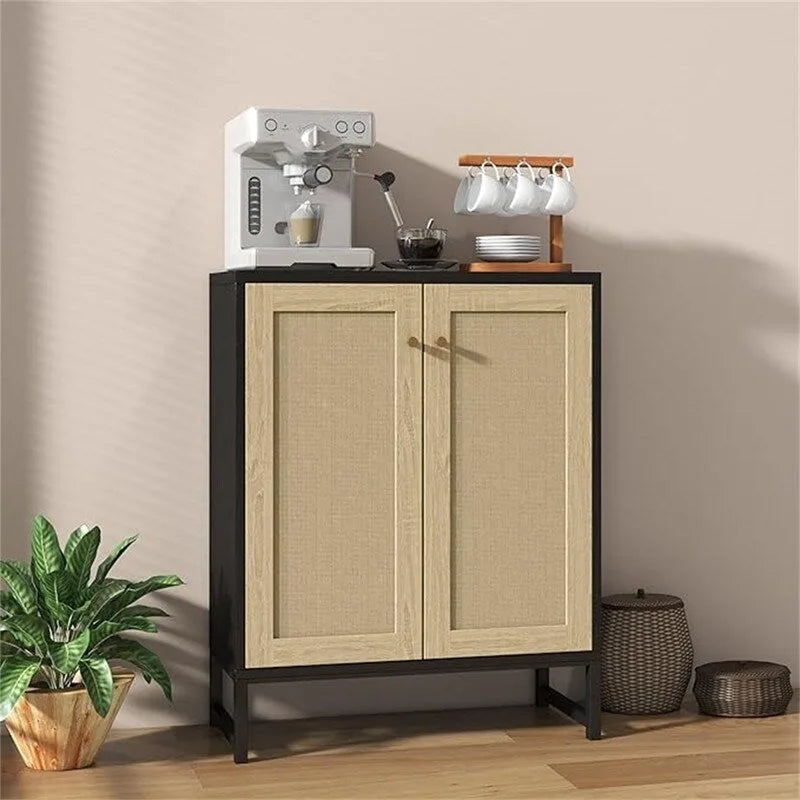 Buffet bahut en rotin 2 portes, blanc/naturel/noir