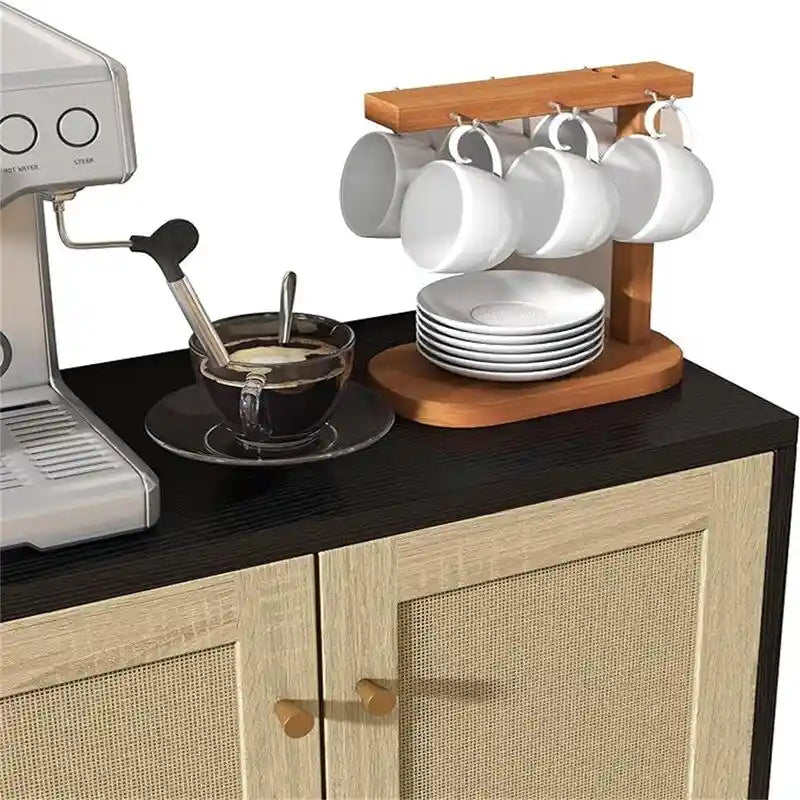 Buffet bahut en rotin 2 portes, blanc/naturel/noir