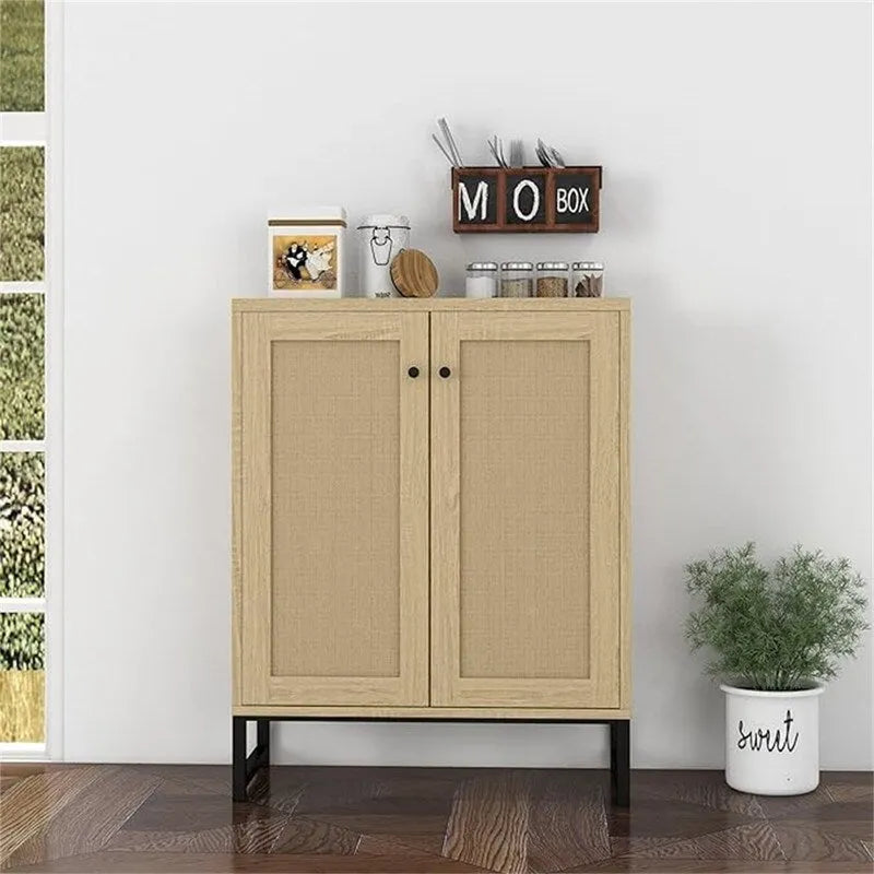 Buffet bahut en rotin 2 portes, blanc/naturel/noir