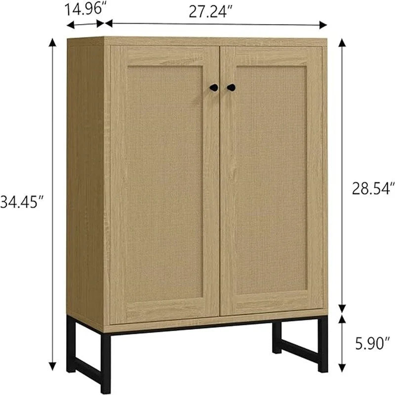 Buffet bahut en rotin 2 portes, blanc/naturel/noir