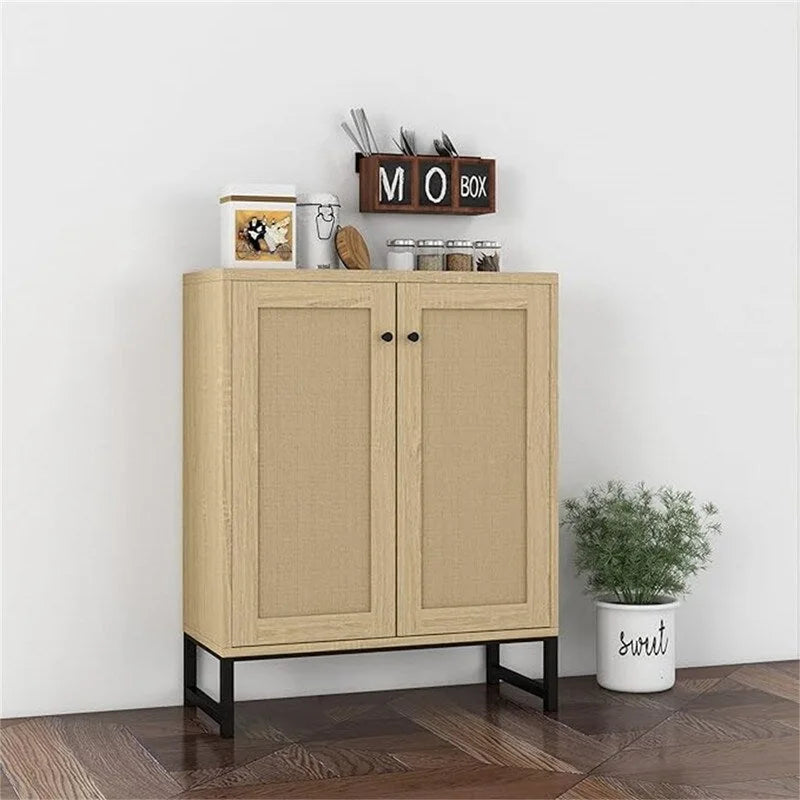 Buffet bahut en rotin 2 portes, blanc/naturel/noir