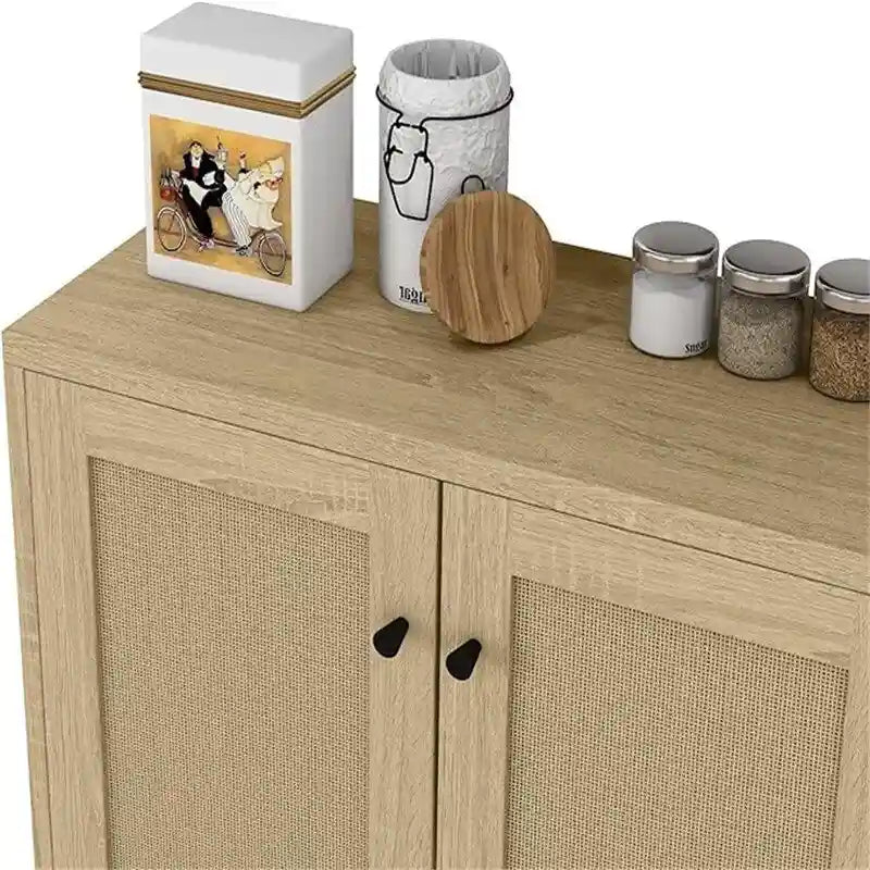 Buffet bahut en rotin 2 portes, blanc/naturel/noir