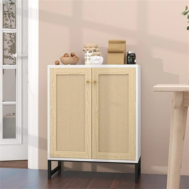 Buffet bahut en rotin 2 portes, blanc/naturel/noir