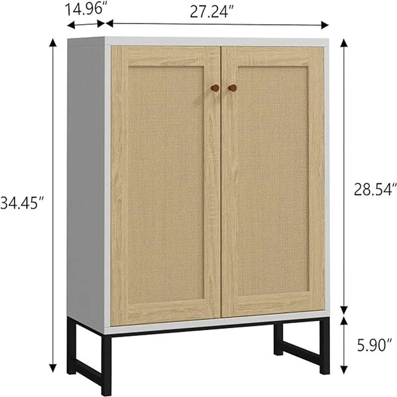 Buffet bahut en rotin 2 portes, blanc/naturel/noir