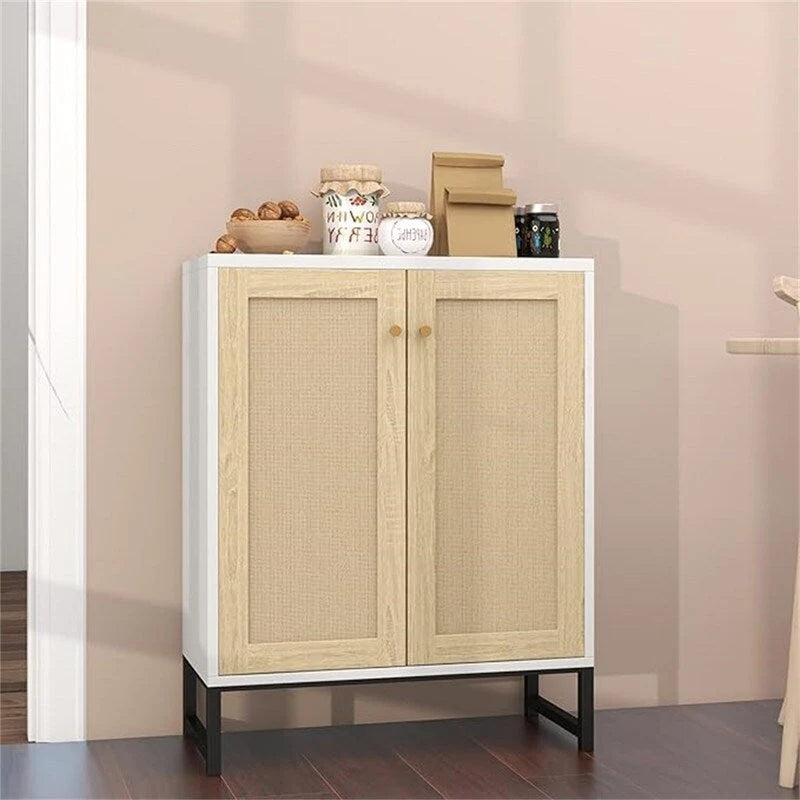 Buffet bahut en rotin 2 portes, blanc/naturel/noir