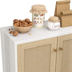 Buffet bahut en rotin 2 portes, blanc/naturel/noir