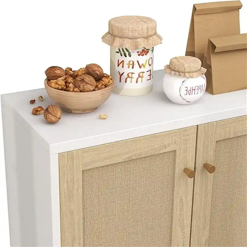 Buffet bahut en rotin 2 portes, blanc/naturel/noir