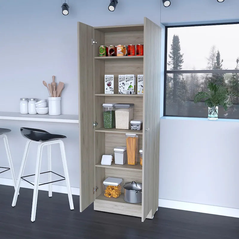 Armoire de rangement haute gris clair à 2 portes et 5 étagères – Simple