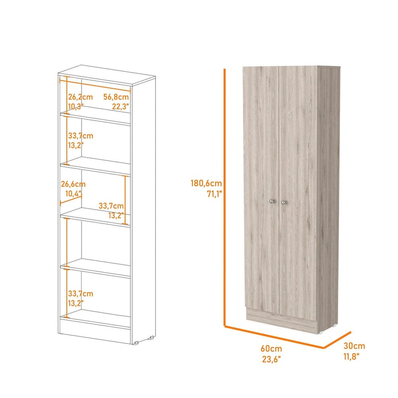 Armoire de rangement haute gris clair à 2 portes et 5 étagères – Simple
