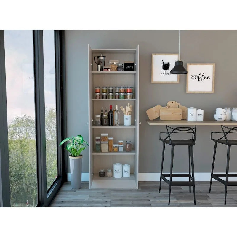 Armoire de rangement haute gris clair à 2 portes et 5 étagères – Simple