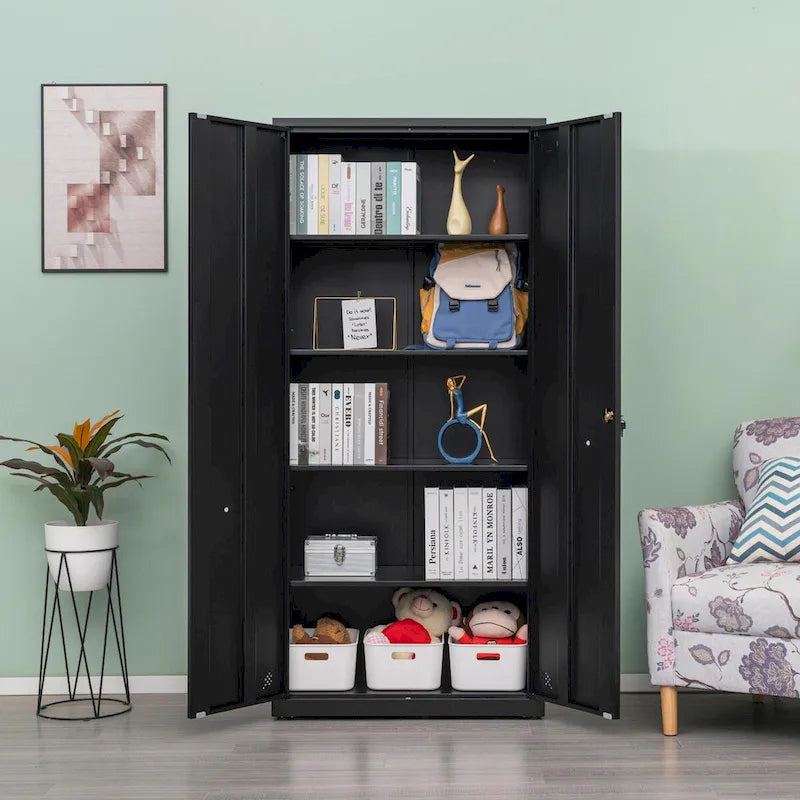 Armoire de rangement métallique blanche à 2 portes avec 4 étagères réglables, usage individuel