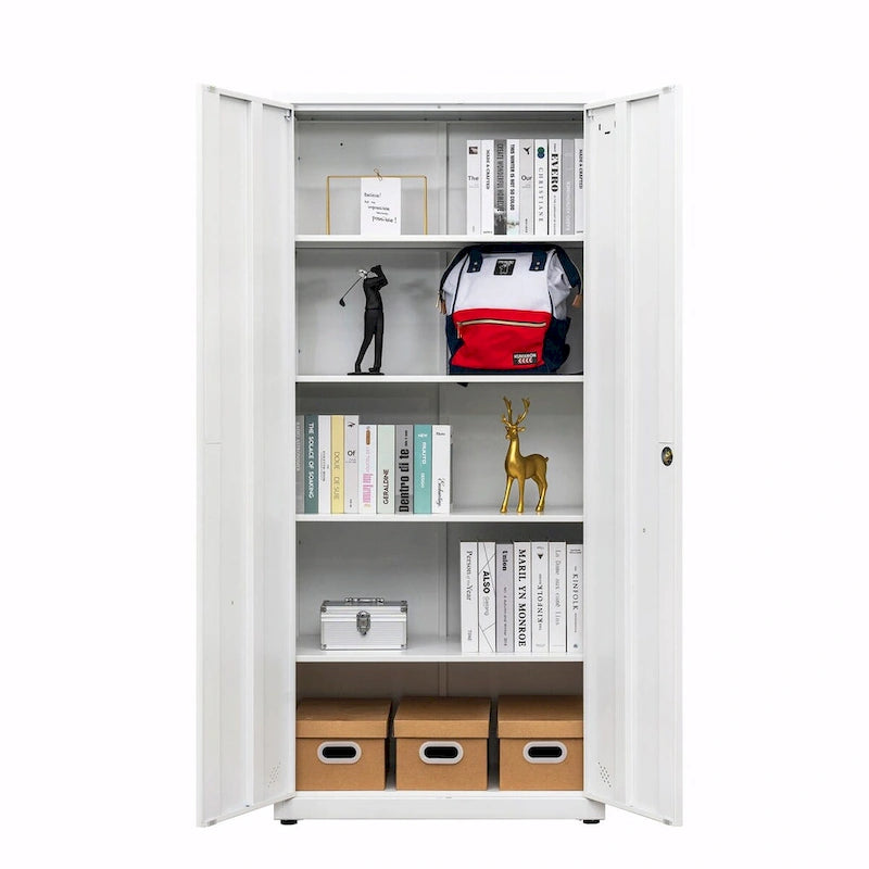 Armoire de rangement métallique blanche à 2 portes avec 4 étagères réglables, usage individuel