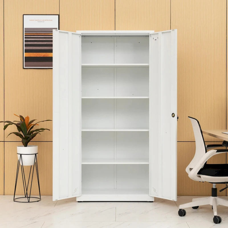 Armoire de rangement métallique blanche à 2 portes avec 4 étagères réglables, usage individuel