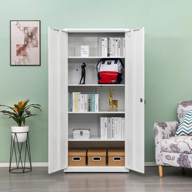 Armoire de rangement métallique blanche à 2 portes avec 4 étagères réglables, usage individuel