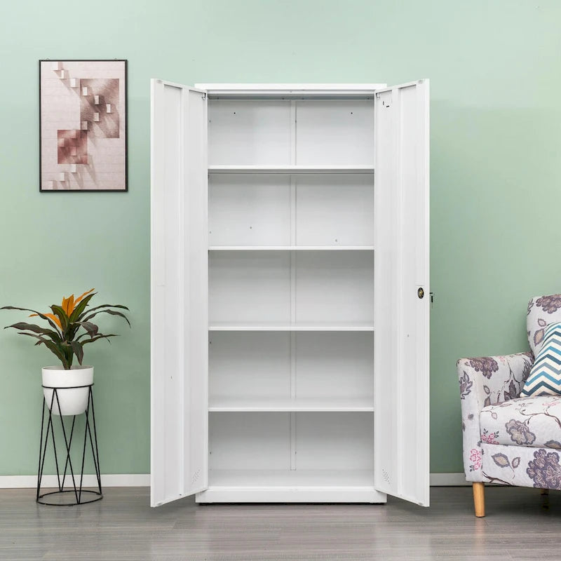 Armoire de rangement métallique blanche à 2 portes avec 4 étagères réglables, usage individuel