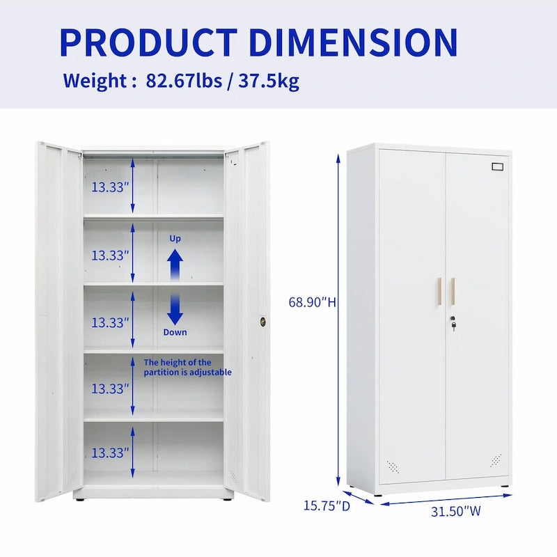 Armoire de rangement métallique blanche à 2 portes avec 4 étagères réglables, usage individuel