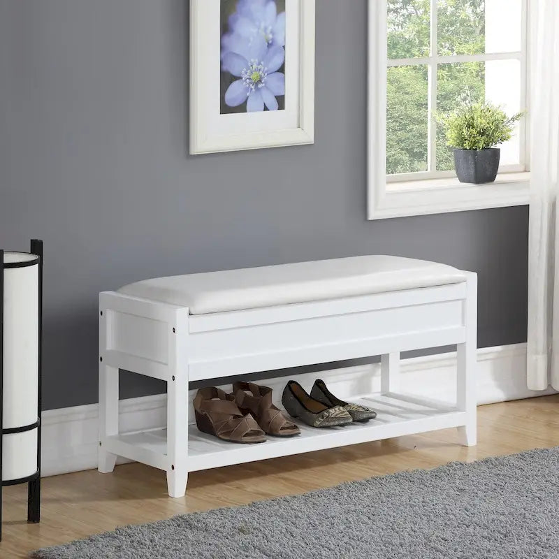 Banc de rangement en similicuir blanc avec étagère à chaussures, simple