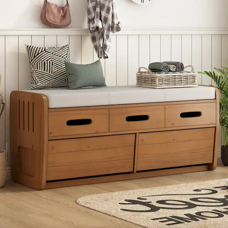 Banc de rangement rustique en bois naturel et bleu marine, 2 tiroirs, 1 à 2 places