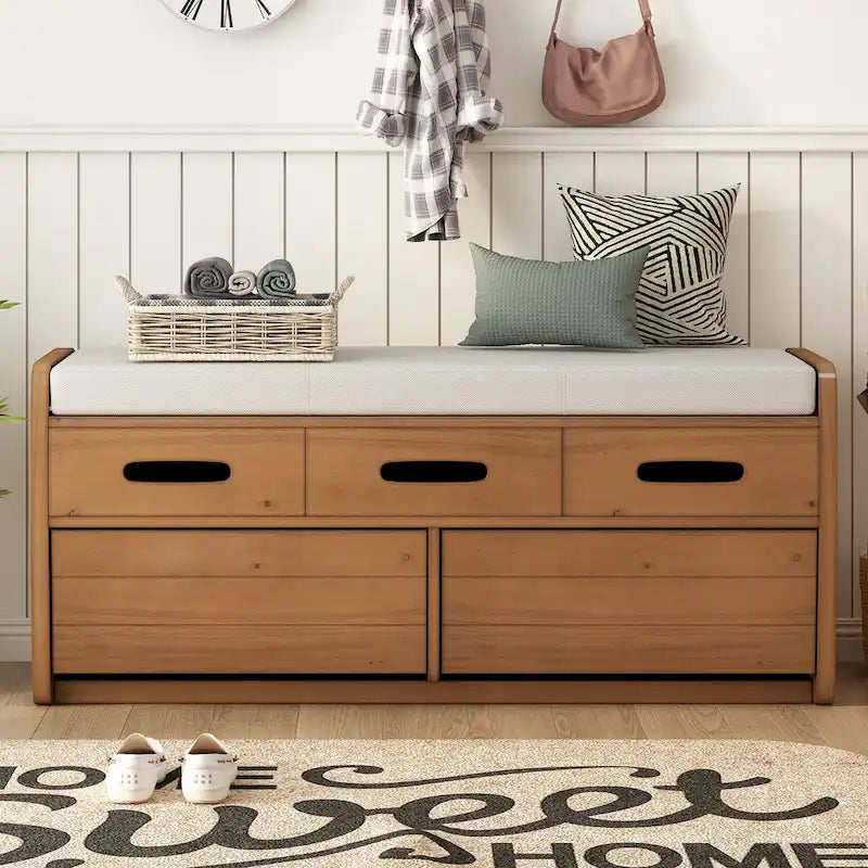 Banc de rangement rustique en bois naturel et bleu marine, 2 tiroirs, 1 à 2 places