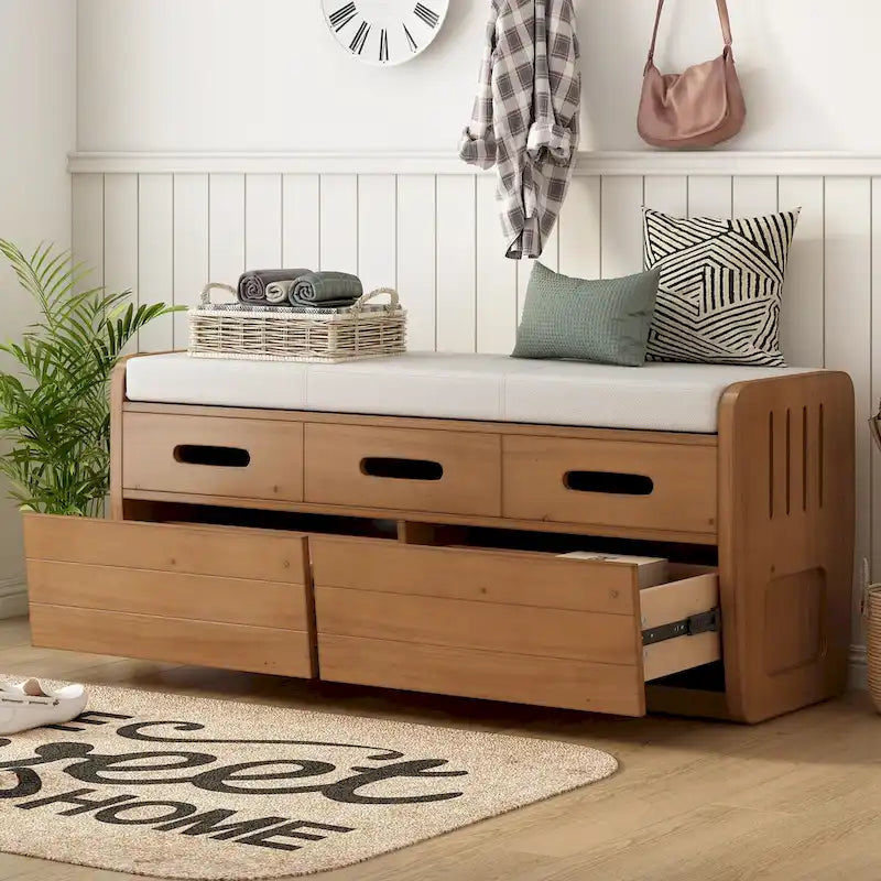 Banc de rangement rustique en bois naturel et bleu marine, 2 tiroirs, 1 à 2 places