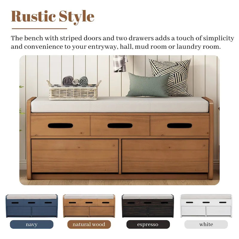 Banc de rangement rustique en bois naturel et bleu marine, 2 tiroirs, 1 à 2 places