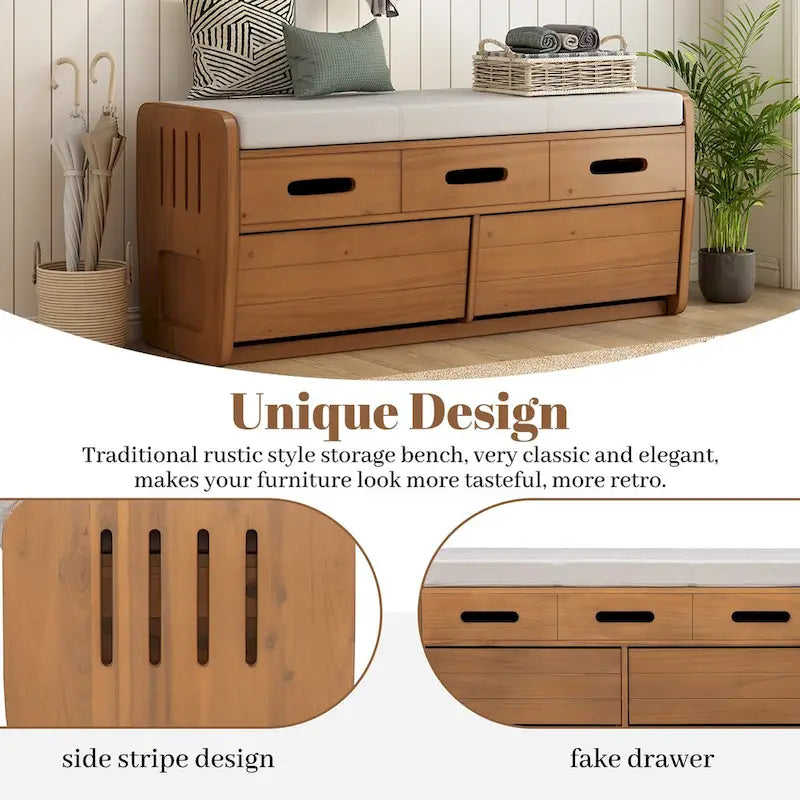 Banc de rangement rustique en bois naturel et bleu marine, 2 tiroirs, 1 à 2 places