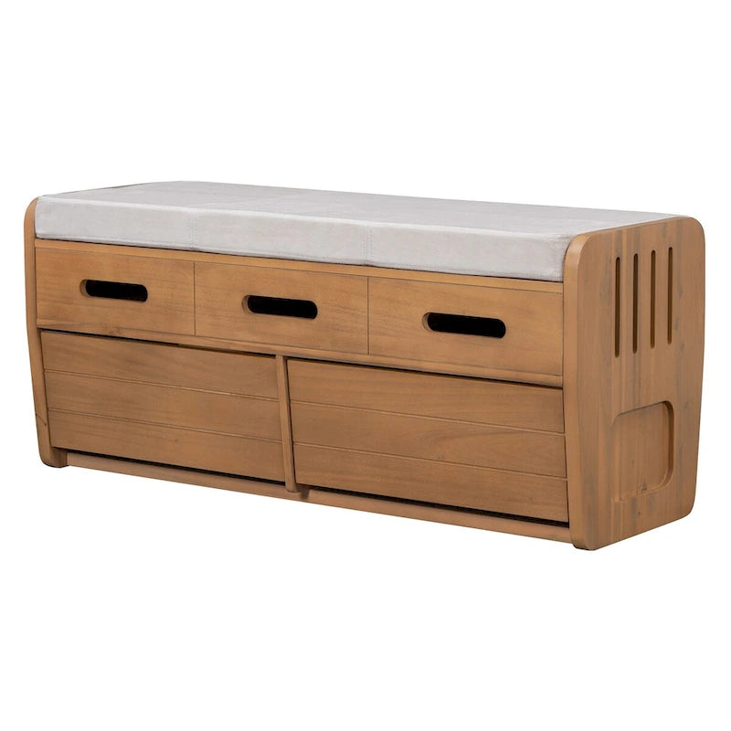 Banc de rangement rustique en bois naturel et bleu marine, 2 tiroirs, 1 à 2 places