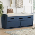 Banc de rangement rustique en bois naturel et bleu marine, 2 tiroirs, 1 à 2 places