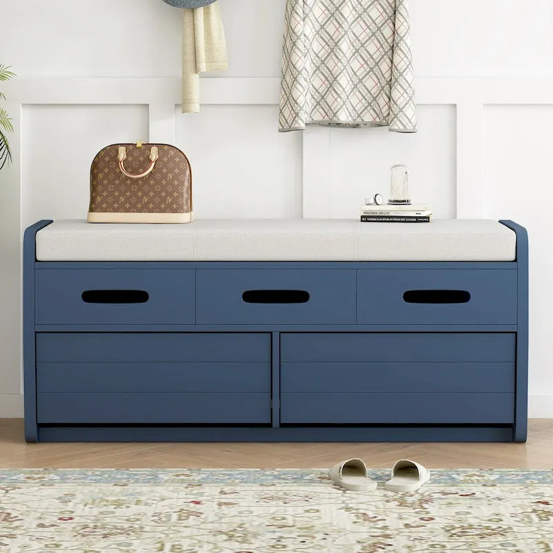 Banc de rangement rustique en bois naturel et bleu marine, 2 tiroirs, 1 à 2 places