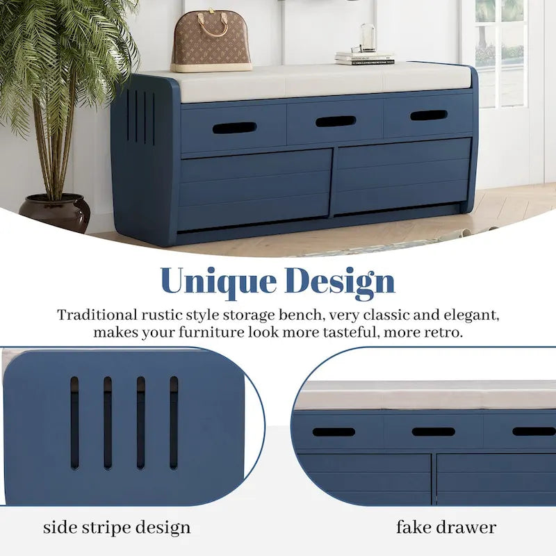 Banc de rangement rustique en bois naturel et bleu marine, 2 tiroirs, 1 à 2 places