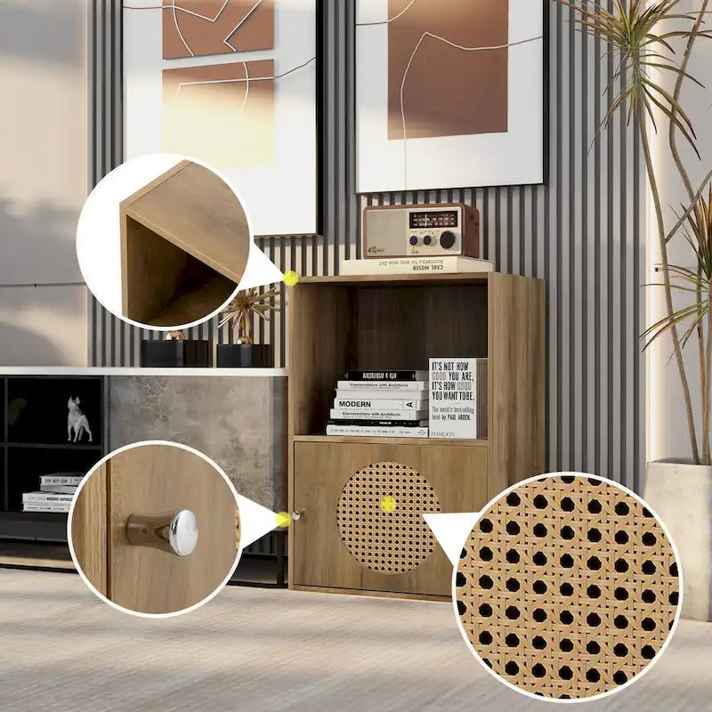 Meuble de rangement bohème naturel à 2 sections avec porte en rotin, 1 personne