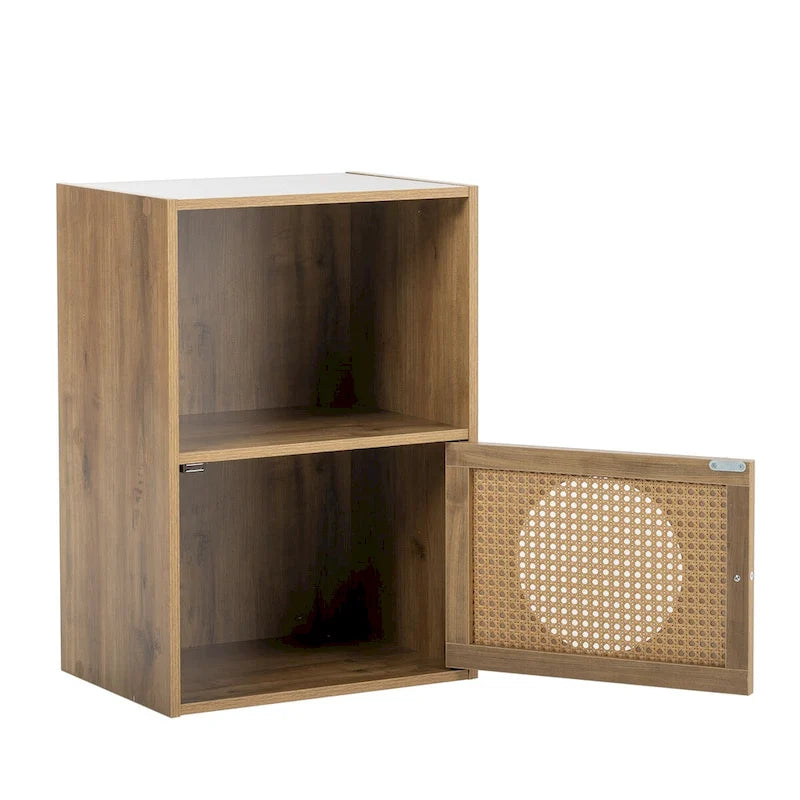Meuble de rangement bohème naturel à 2 sections avec porte en rotin, 1 personne