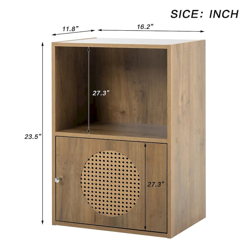 Meuble de rangement bohème naturel à 2 sections avec porte en rotin, 1 personne