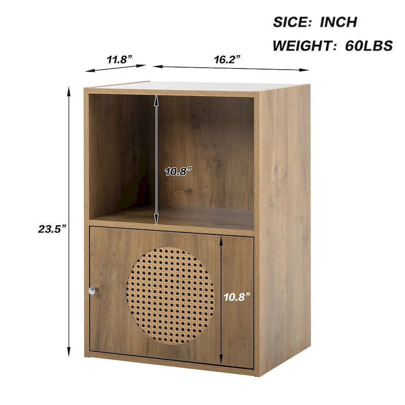 Meuble de rangement bohème naturel à 2 sections avec porte en rotin, 1 personne