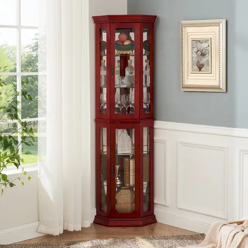 Vitrine d'angle en cerisier/chêne – Vitrine éclairée, accessible à 2 personnes