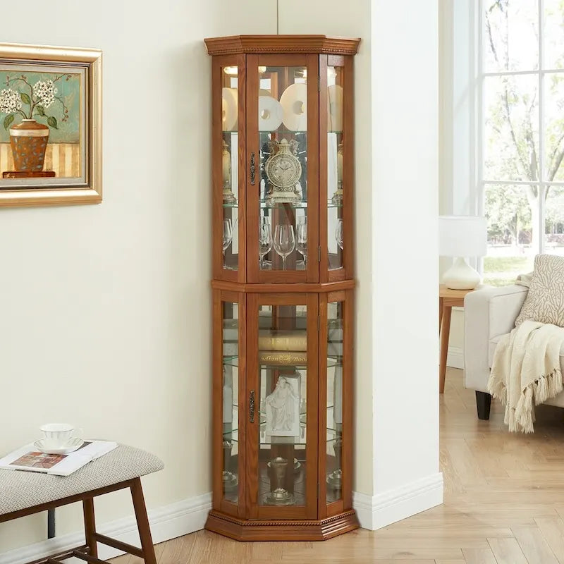 Vitrine d'angle en cerisier/chêne – Vitrine éclairée, accessible à 2 personnes