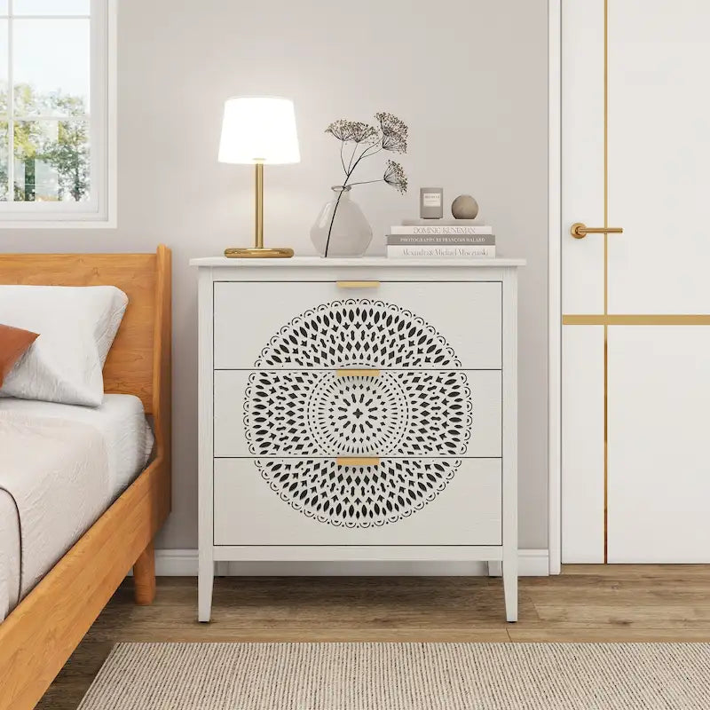 Commode à 3 tiroirs noire / beige / vert clair avec panneau mandala ajouré