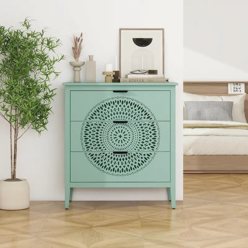 Commode à 3 tiroirs noire / beige / vert clair avec panneau mandala ajouré
