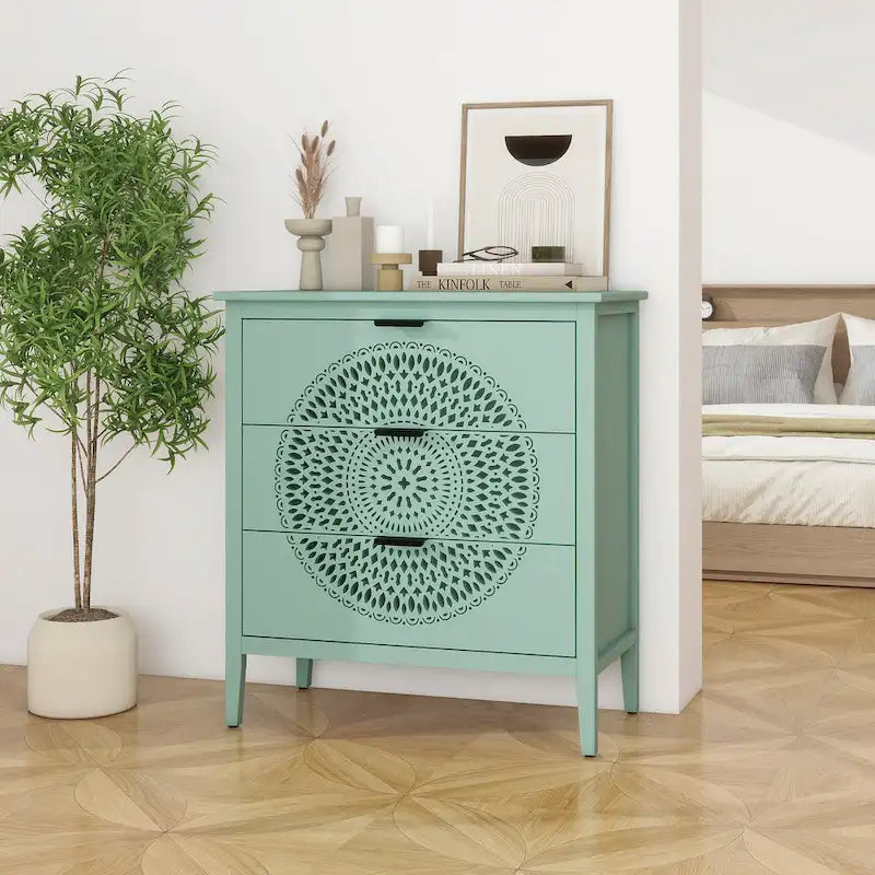 Commode à 3 tiroirs noire / beige / vert clair avec panneau mandala ajouré