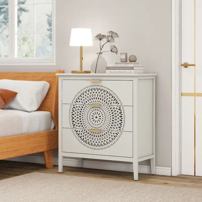 Commode à 3 tiroirs noire / beige / vert clair avec panneau mandala ajouré