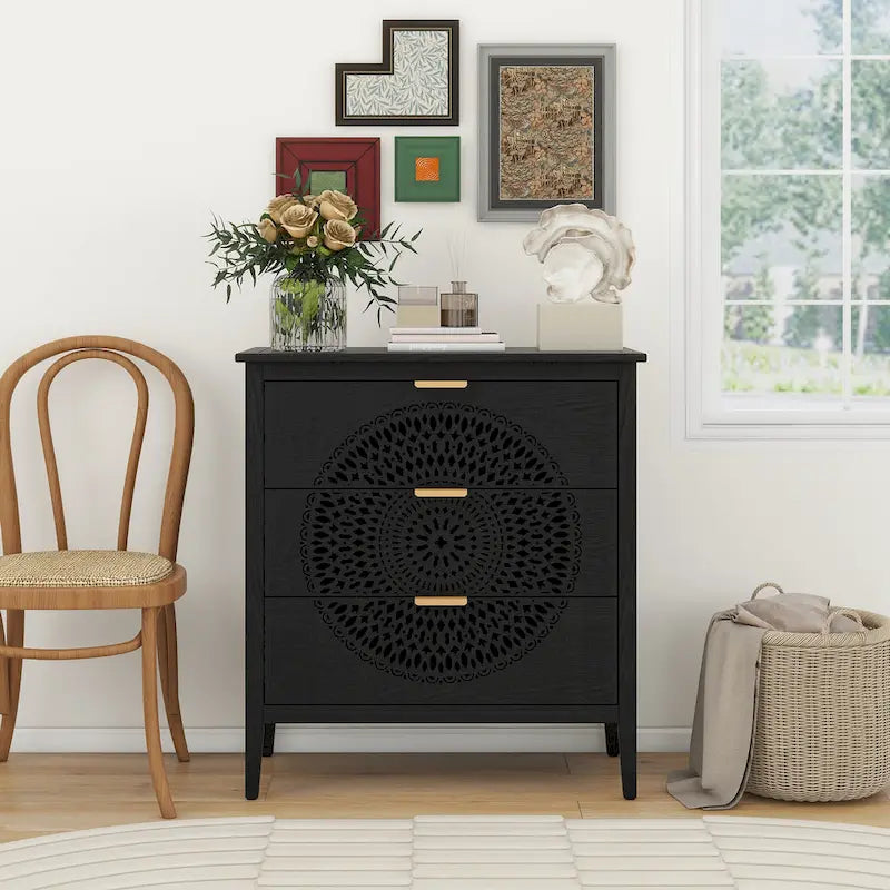 Commode à 3 tiroirs noire / beige / vert clair avec panneau mandala ajouré