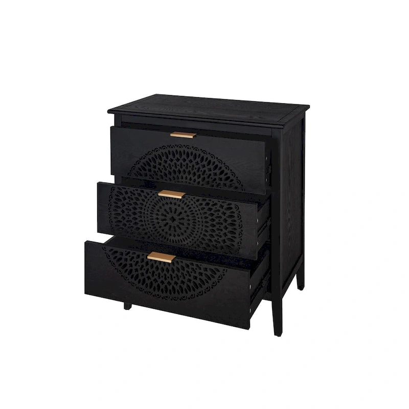 Commode à 3 tiroirs noire / beige / vert clair avec panneau mandala ajouré