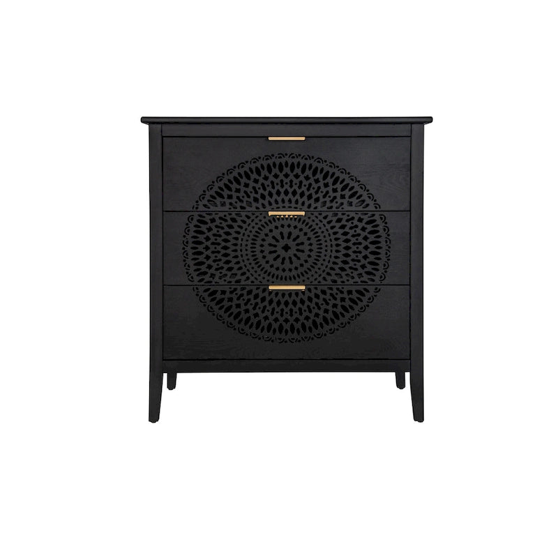 Commode à 3 tiroirs noire / beige / vert clair avec panneau mandala ajouré